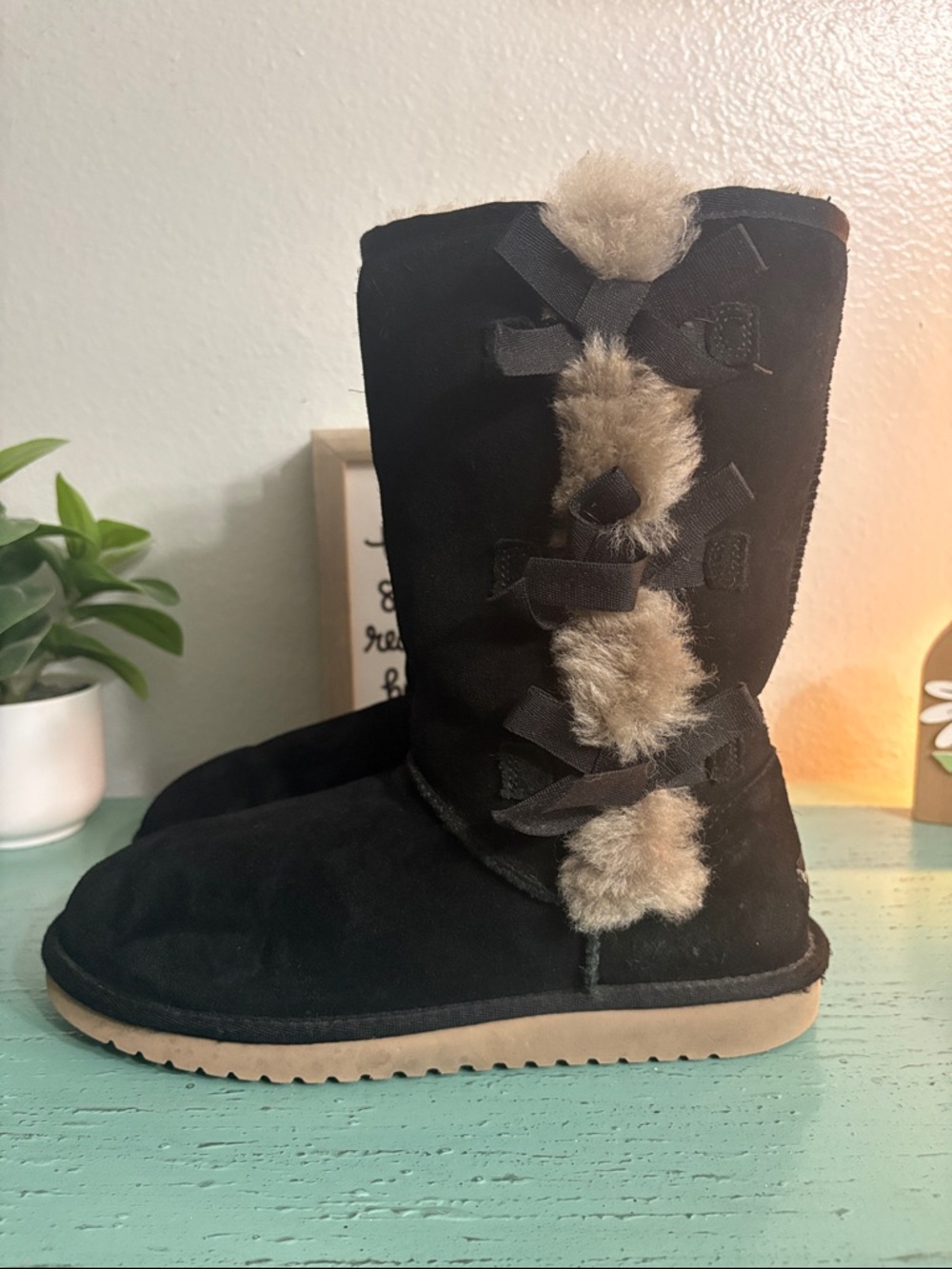 Koolaburra Black Suede Winter Boots with Tan Faux-Fur Pom-Poms